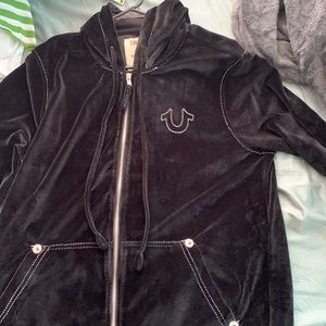 Jet black velour true religion zip up hoodie